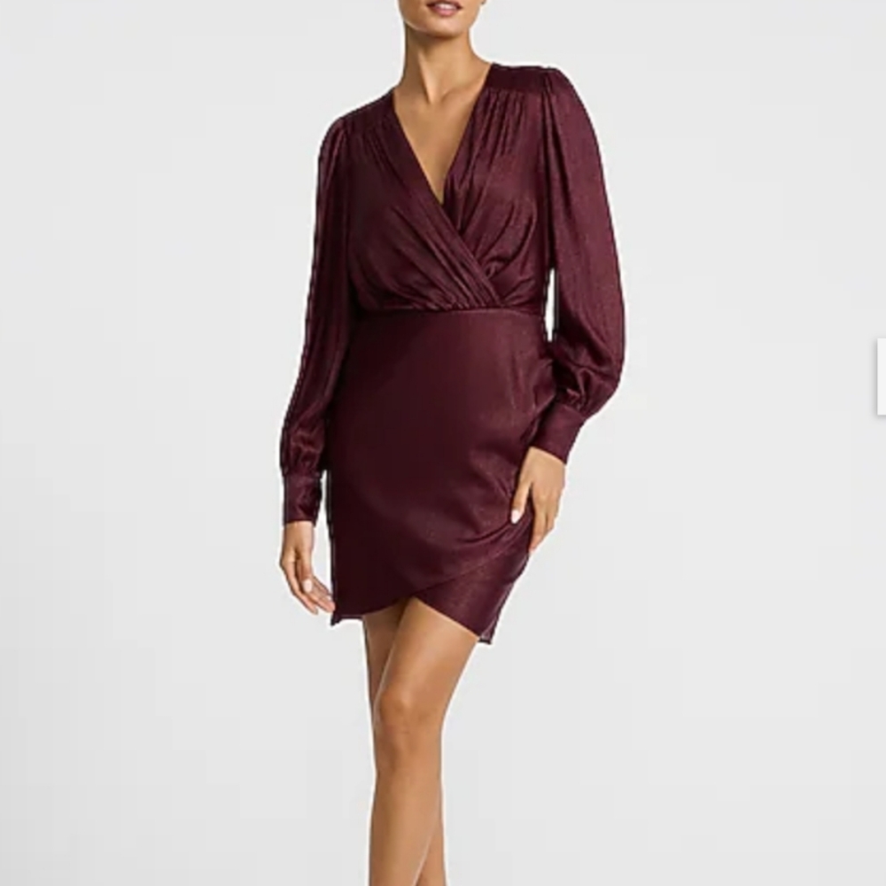 Express Metallic V Neck Long Sleeve Mini Dress